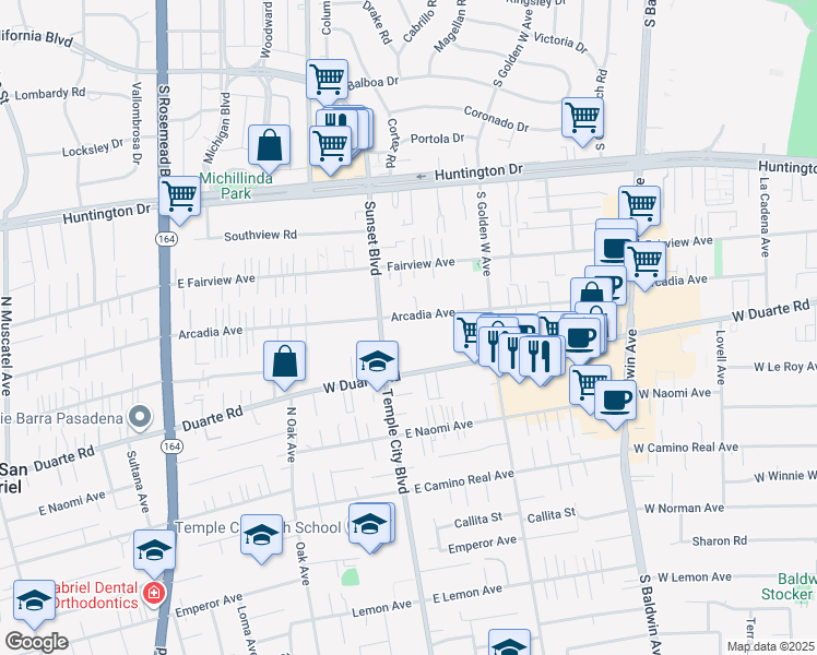 map of restaurants, bars, coffee shops, grocery stores, and more near 1022 Arcadia Avenue in Arcadia