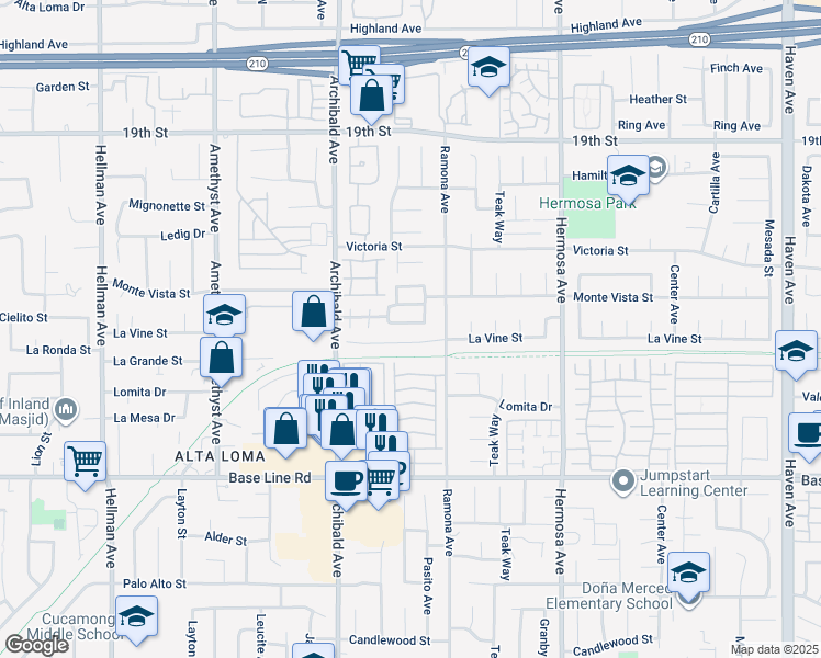 map of restaurants, bars, coffee shops, grocery stores, and more near 9815 Yale Drive in Rancho Cucamonga
