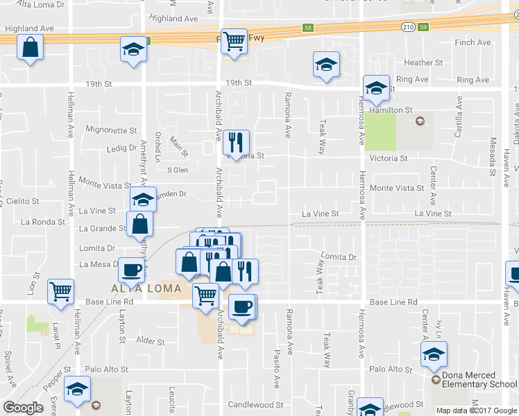 map of restaurants, bars, coffee shops, grocery stores, and more near 9815 Yale Drive in Rancho Cucamonga