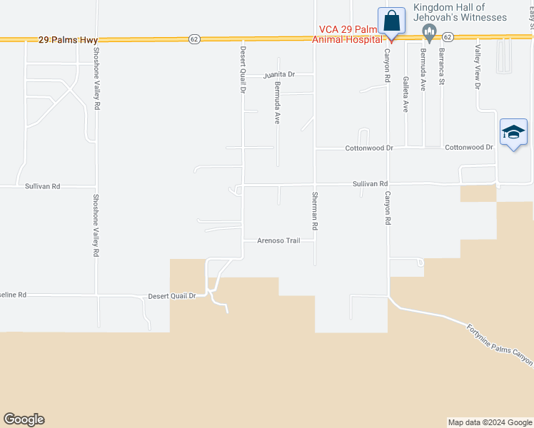 map of restaurants, bars, coffee shops, grocery stores, and more near 70174 Boling Drive in Twentynine Palms