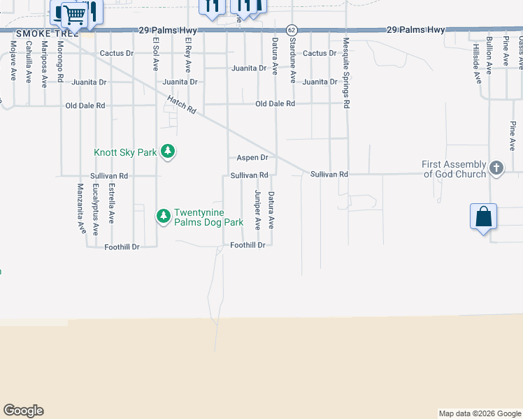 map of restaurants, bars, coffee shops, grocery stores, and more near 6999 Juniper Avenue in Twentynine Palms