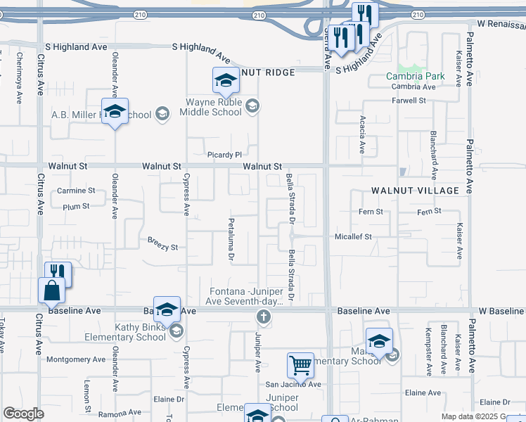 map of restaurants, bars, coffee shops, grocery stores, and more near 7024 Sweetleaf Drive in Fontana