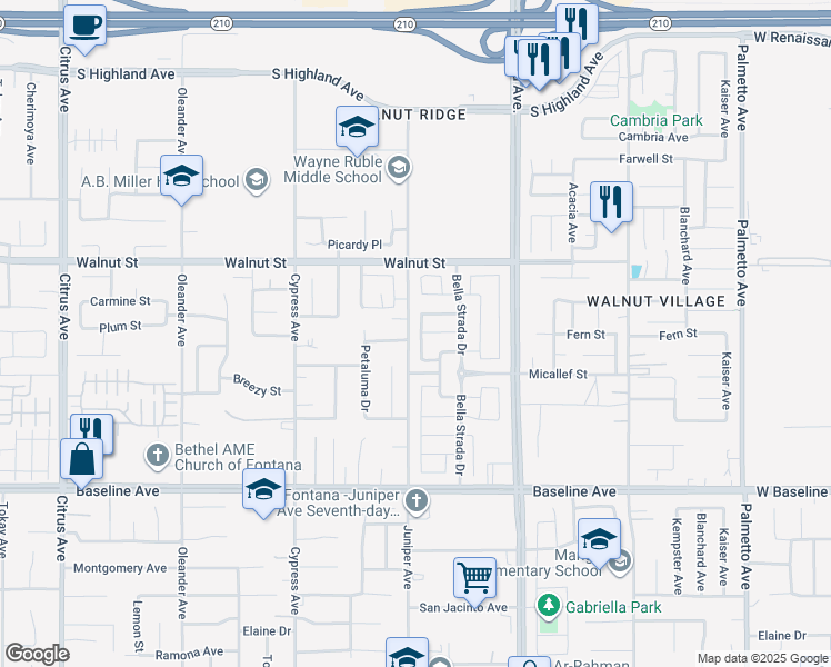 map of restaurants, bars, coffee shops, grocery stores, and more near 7024 Sweetleaf Drive in Fontana