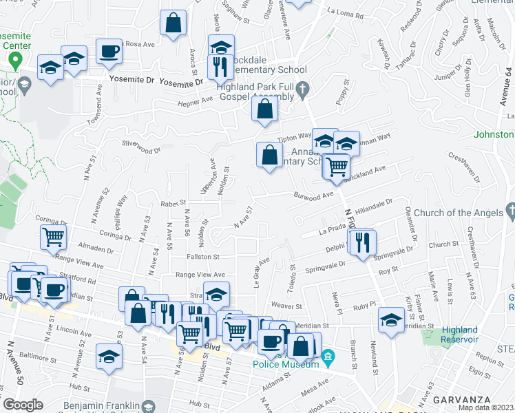 map of restaurants, bars, coffee shops, grocery stores, and more near 1479 Highgate Avenue in Los Angeles