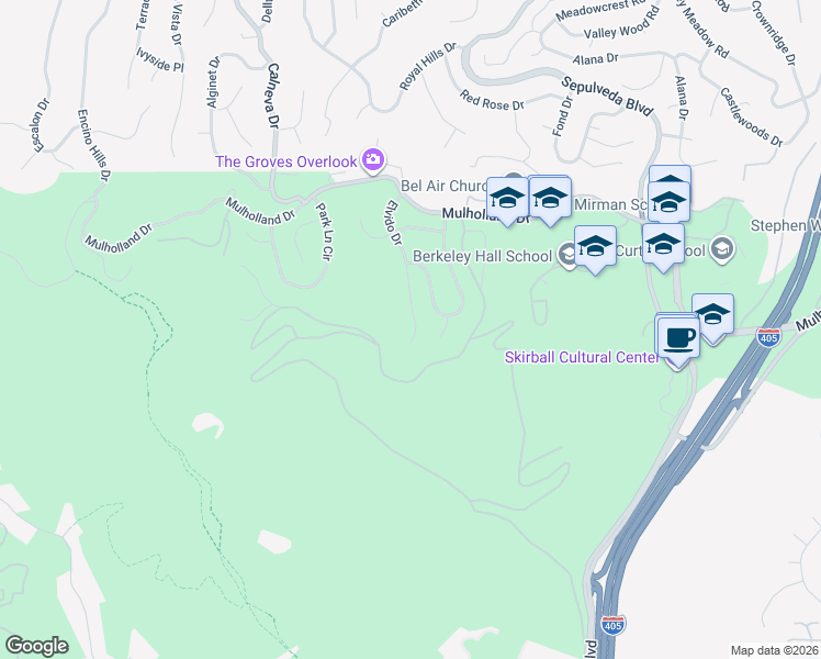 map of restaurants, bars, coffee shops, grocery stores, and more near 2927 Elvido Drive in Los Angeles