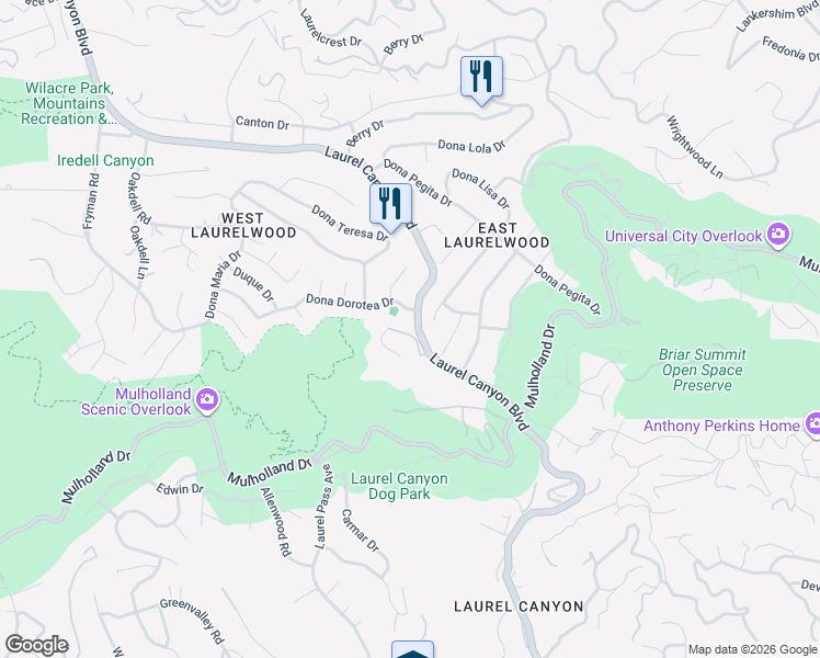 map of restaurants, bars, coffee shops, grocery stores, and more near 11231 Briarcliff Lane in Los Angeles
