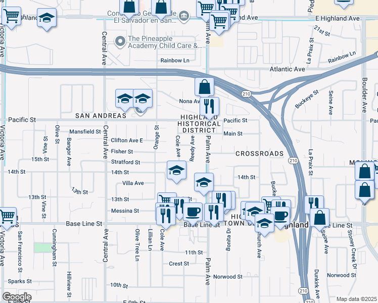 map of restaurants, bars, coffee shops, grocery stores, and more near 1504 Reedy Avenue in Highland