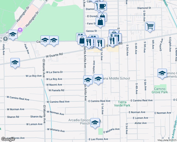 map of restaurants, bars, coffee shops, grocery stores, and more near 7 Linda Rae Way in Arcadia