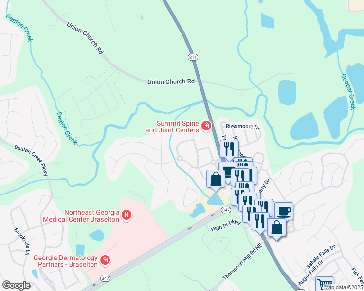 map of restaurants, bars, coffee shops, grocery stores, and more near 6025 Cloverfield Way in Braselton