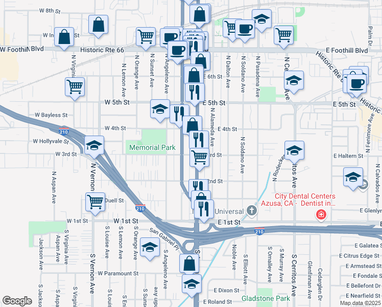 map of restaurants, bars, coffee shops, grocery stores, and more near 123 3rd Street in Azusa