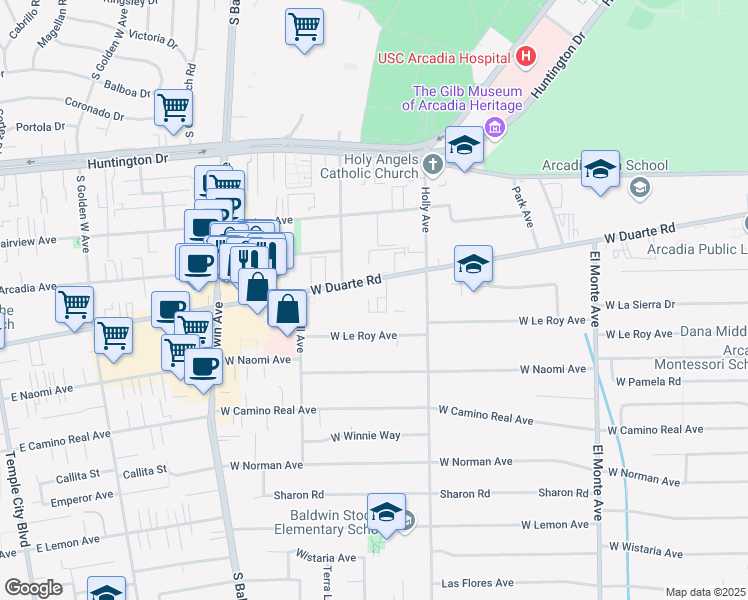 map of restaurants, bars, coffee shops, grocery stores, and more near in Arcadia
