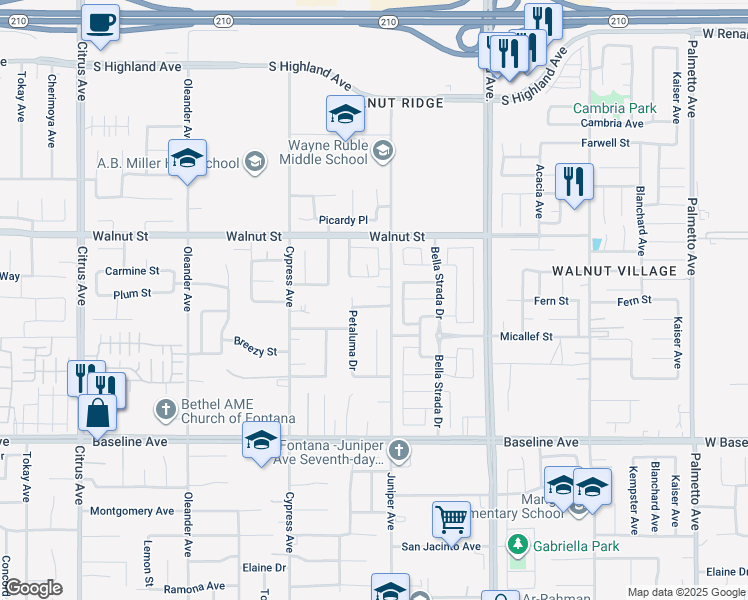 map of restaurants, bars, coffee shops, grocery stores, and more near 16666 Bidwell Lane in Fontana