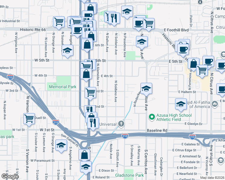 map of restaurants, bars, coffee shops, grocery stores, and more near 301 North Soldano Avenue in Azusa