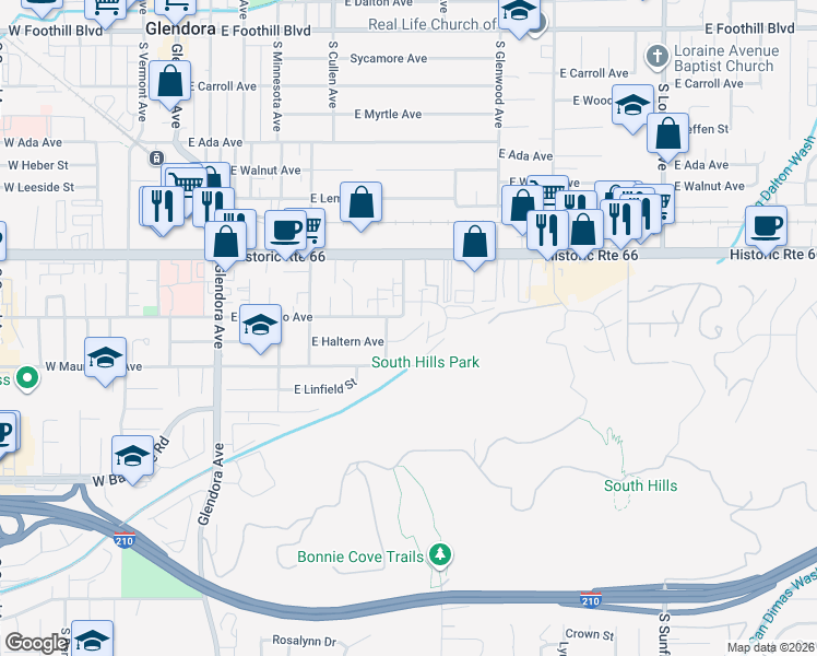 map of restaurants, bars, coffee shops, grocery stores, and more near 555 East Haltern Avenue in Glendora