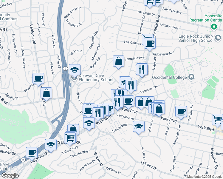 map of restaurants, bars, coffee shops, grocery stores, and more near 1745 College View Place in Los Angeles
