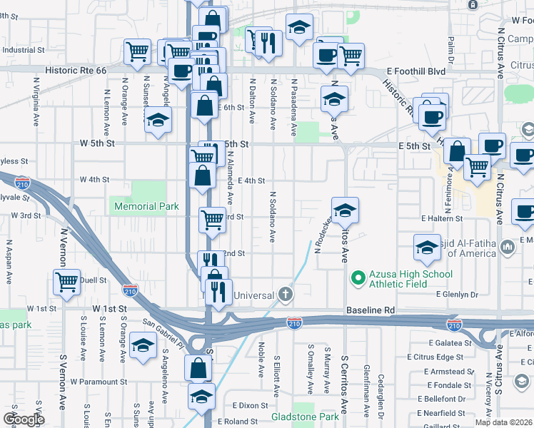 map of restaurants, bars, coffee shops, grocery stores, and more near 301 North Soldano Avenue in Azusa