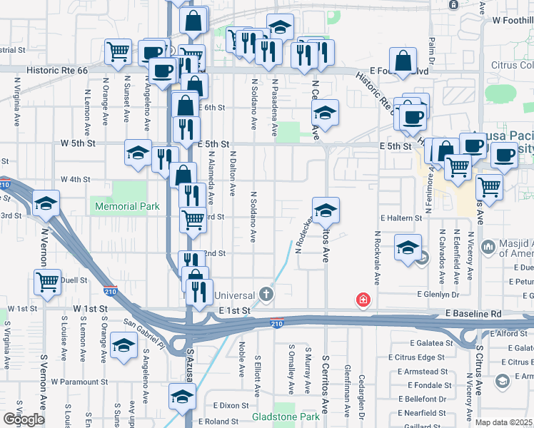 map of restaurants, bars, coffee shops, grocery stores, and more near 435 East 3rd Street in Azusa