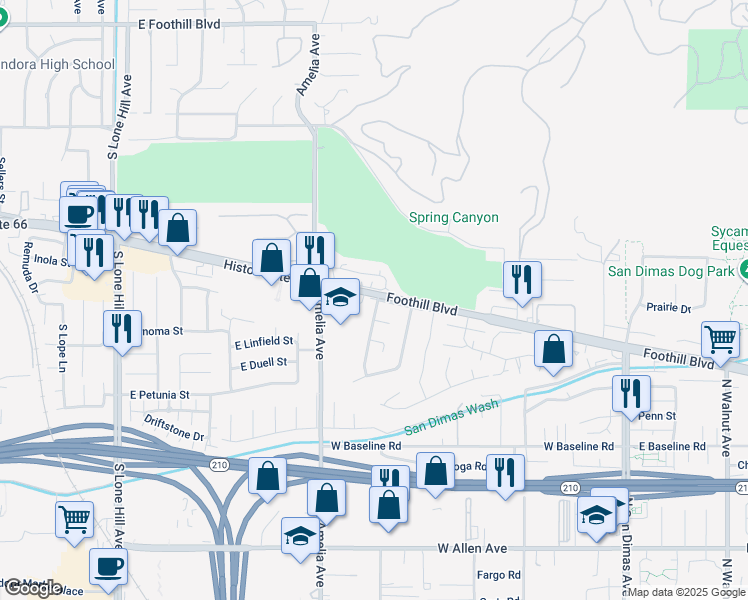 map of restaurants, bars, coffee shops, grocery stores, and more near 2643 East Foothill Boulevard in Glendora