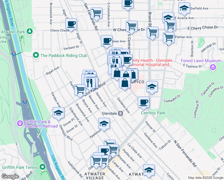 map of restaurants, bars, coffee shops, grocery stores, and more near 1505 Gardena Avenue in Glendale