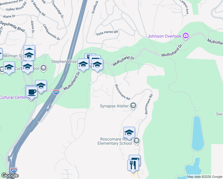 map of restaurants, bars, coffee shops, grocery stores, and more near 2823 Moraga Drive in Los Angeles