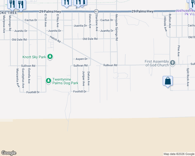 map of restaurants, bars, coffee shops, grocery stores, and more near 6996 Star Dune in Twentynine Palms