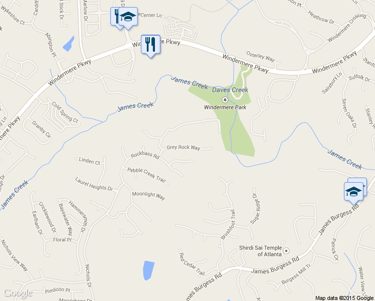 map of restaurants, bars, coffee shops, grocery stores, and more near 1310 Grey Rock Way in Suwanee