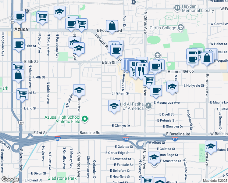 map of restaurants, bars, coffee shops, grocery stores, and more near 739 East Haltern Street in Azusa