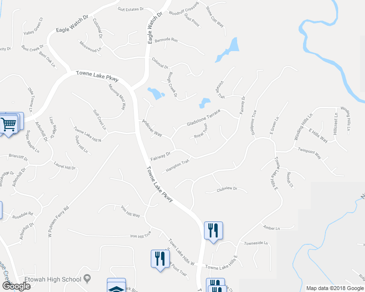 map of restaurants, bars, coffee shops, grocery stores, and more near 517 Fairway Drive in Woodstock