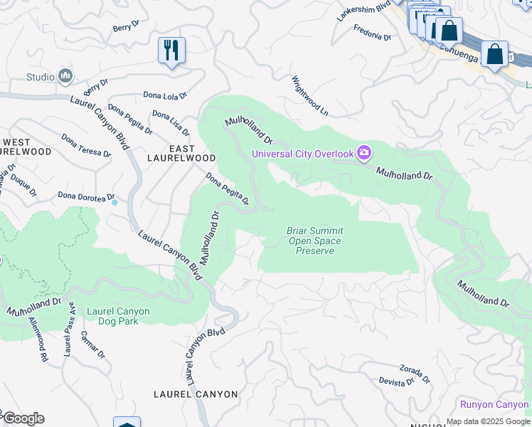 map of restaurants, bars, coffee shops, grocery stores, and more near 7972 Mulholland Drive in Los Angeles