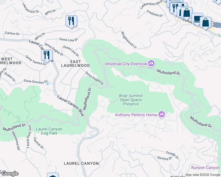 map of restaurants, bars, coffee shops, grocery stores, and more near 7972 Mulholland Drive in Los Angeles
