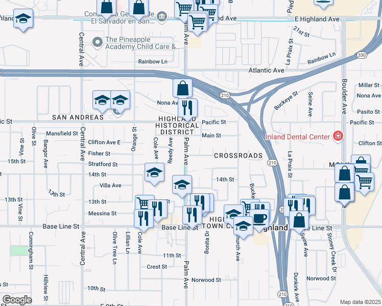 map of restaurants, bars, coffee shops, grocery stores, and more near 27320 Fisher Street in Highland