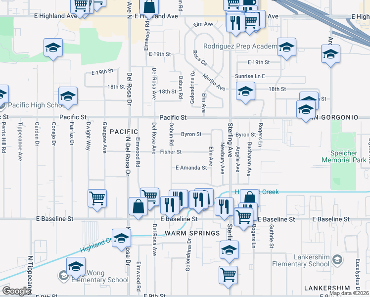 map of restaurants, bars, coffee shops, grocery stores, and more near 25522 Fisher Street in San Bernardino