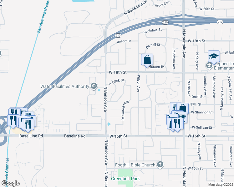 map of restaurants, bars, coffee shops, grocery stores, and more near 1740 Orangewood Avenue in Upland