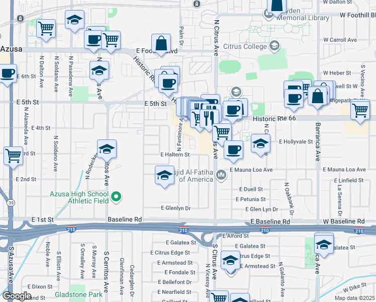 map of restaurants, bars, coffee shops, grocery stores, and more near 817 East Haltern Street in Azusa