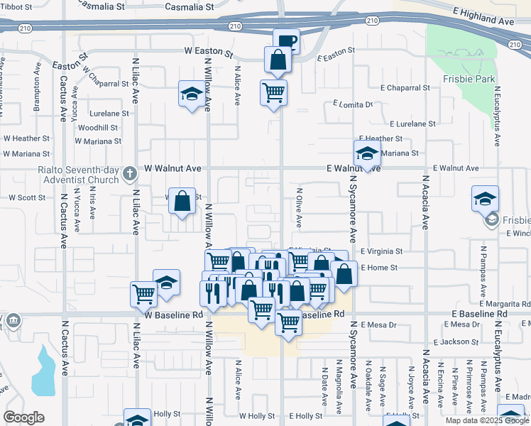 map of restaurants, bars, coffee shops, grocery stores, and more near 160 West Cascade Drive in Rialto