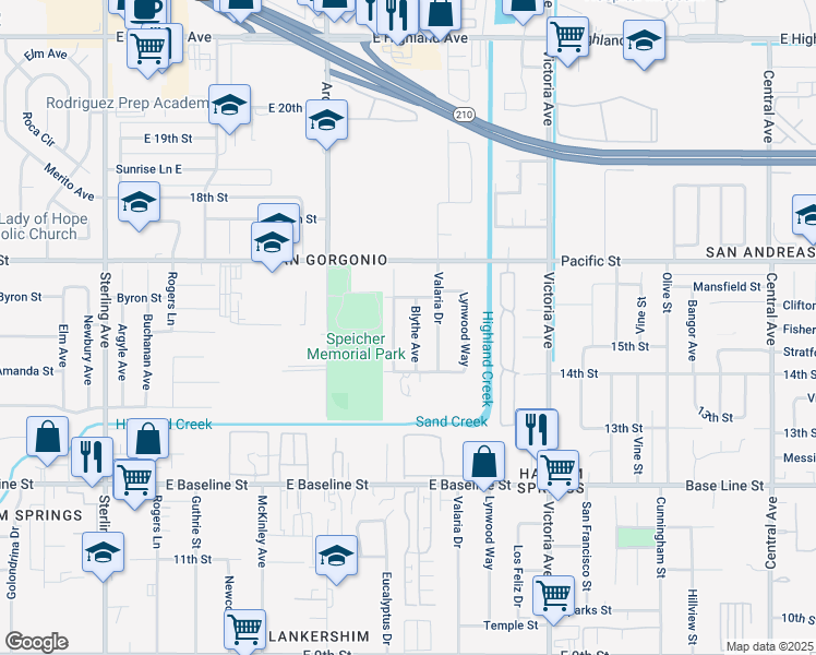 map of restaurants, bars, coffee shops, grocery stores, and more near 1482 Blythe Avenue in Highland