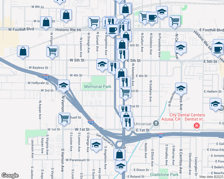 map of restaurants, bars, coffee shops, grocery stores, and more near 301 North San Gabriel Avenue in Azusa
