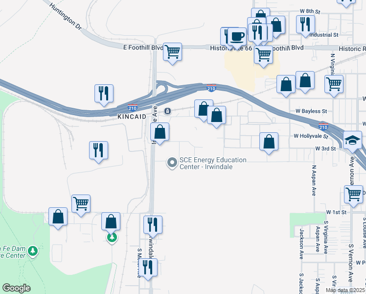 map of restaurants, bars, coffee shops, grocery stores, and more near 16018 Adelante Street in Irwindale