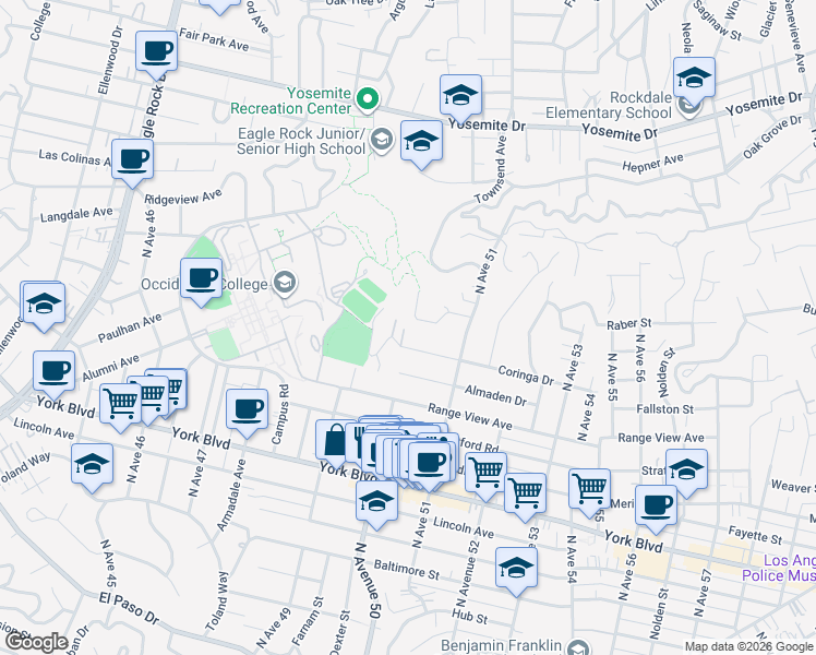 map of restaurants, bars, coffee shops, grocery stores, and more near 4991 Coringa Drive in Los Angeles