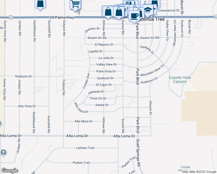 map of restaurants, bars, coffee shops, grocery stores, and more near 61605 El Cajon Drive in Joshua Tree