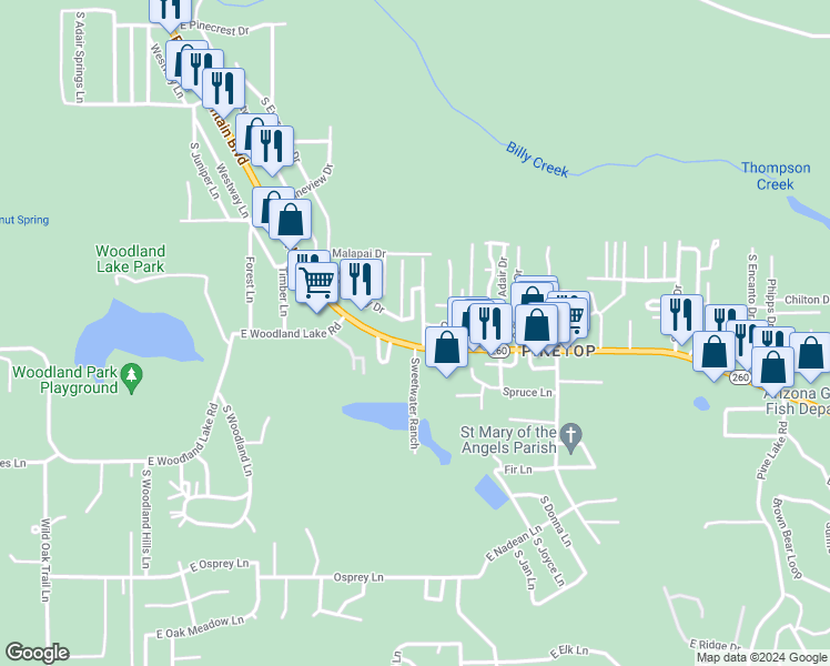 map of restaurants, bars, coffee shops, grocery stores, and more near 1202 East White Mountain Boulevard in Pinetop-Lakeside