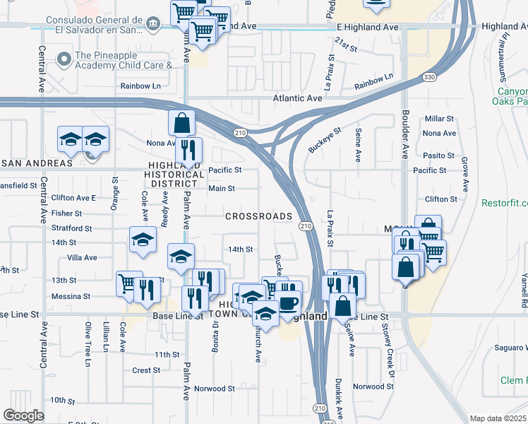map of restaurants, bars, coffee shops, grocery stores, and more near in Highland