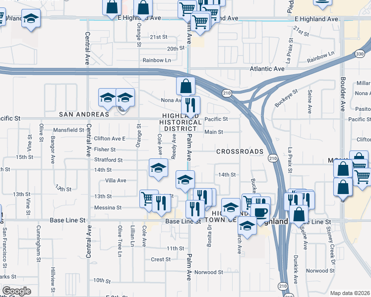 map of restaurants, bars, coffee shops, grocery stores, and more near 27320 Fisher Street in Highland
