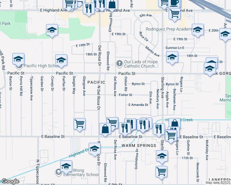 map of restaurants, bars, coffee shops, grocery stores, and more near 7014 Del Rosa Avenue in San Bernardino