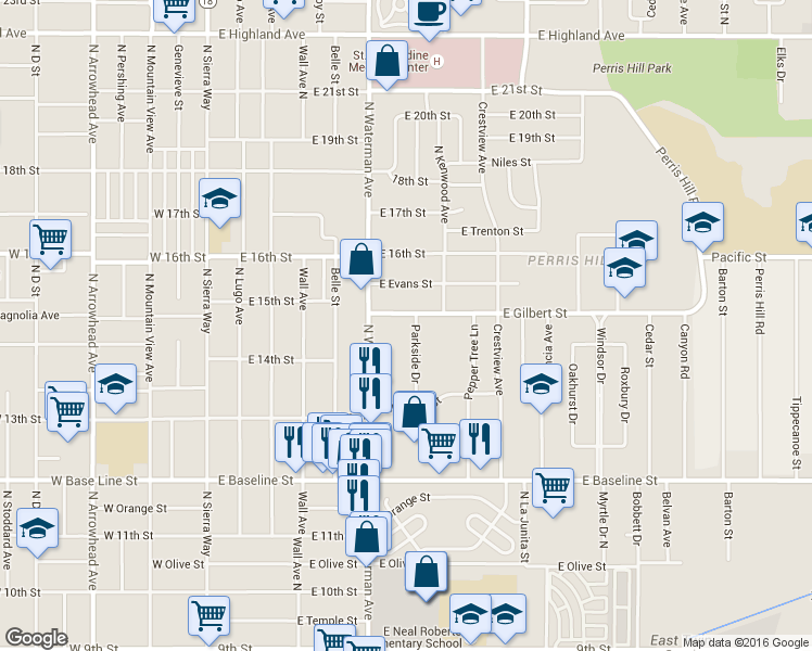map of restaurants, bars, coffee shops, grocery stores, and more near 355 East Gilbert Street in San Bernardino
