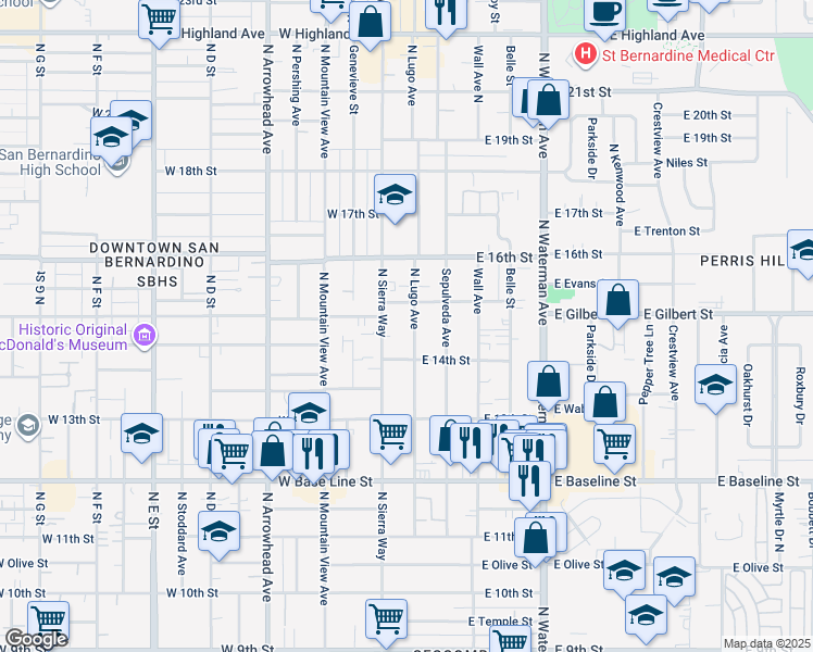map of restaurants, bars, coffee shops, grocery stores, and more near 1455 North Lugo Avenue in San Bernardino
