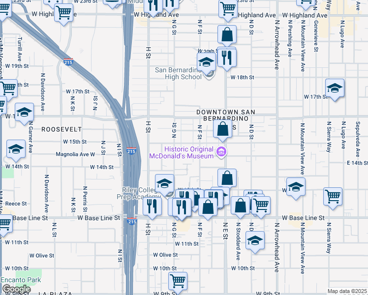 map of restaurants, bars, coffee shops, grocery stores, and more near 1497 North G Street in San Bernardino