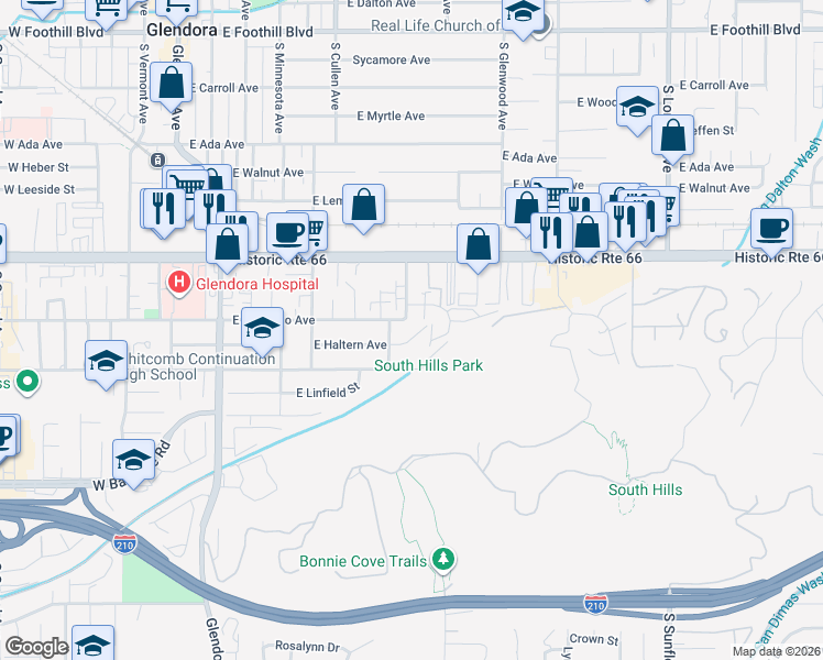 map of restaurants, bars, coffee shops, grocery stores, and more near 548 East Colorado Avenue in Glendora