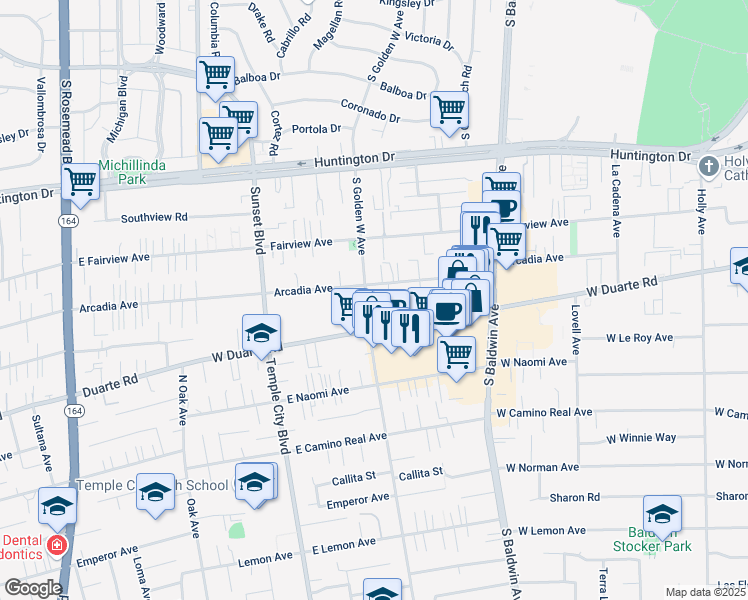 map of restaurants, bars, coffee shops, grocery stores, and more near 1105 Golden West Avenue in Arcadia