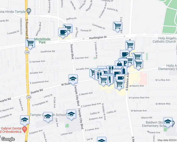 map of restaurants, bars, coffee shops, grocery stores, and more near 942 Arcadia Avenue in Arcadia